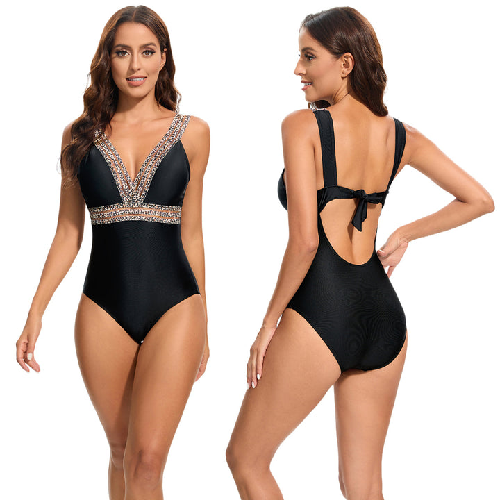 Women's Elegant One-Piece Swimsuit with Deep V-Neck and Sparkling Accents StylebySassy
