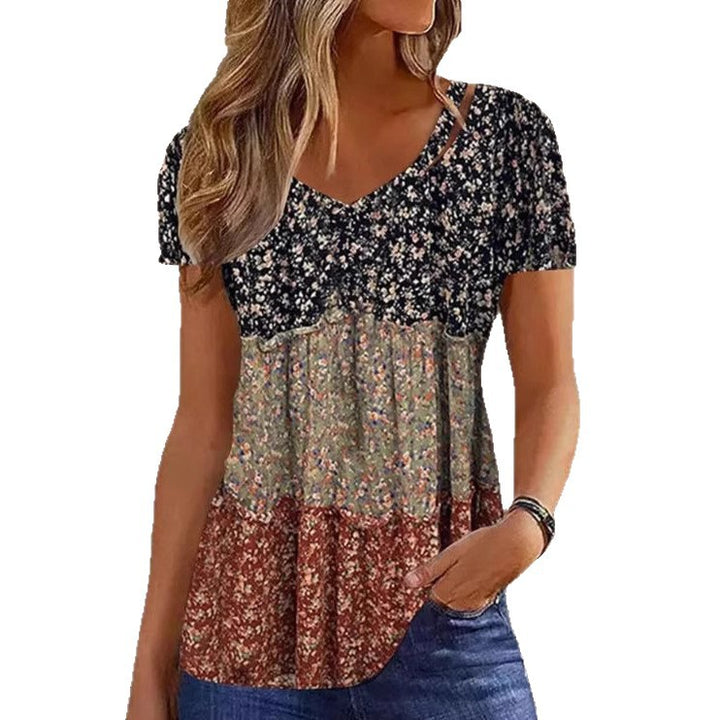 Women nan Boho Tiered Tunic with V-neck, Empire seam and short sleeves StylebySassy