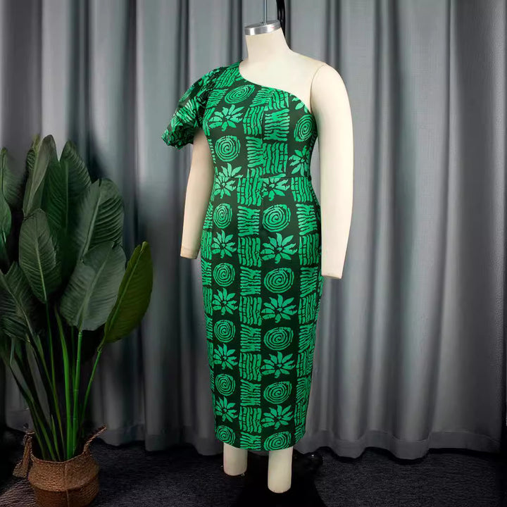 Women asymmetrical maxi dress with unique pattern and voluminous puff sleeve StylebySassy