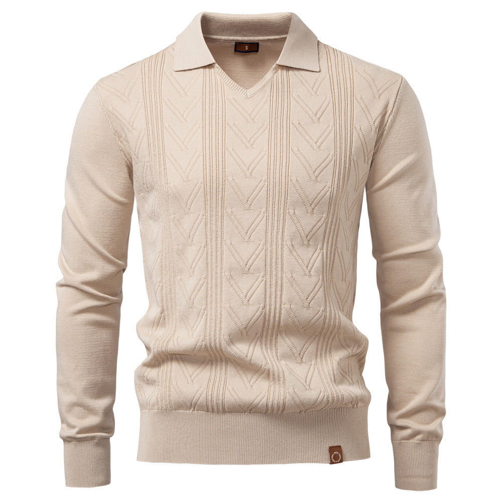 Men's fine knit polo sweater with V-neck, zigzag pattern and Kent collar StylebySassy