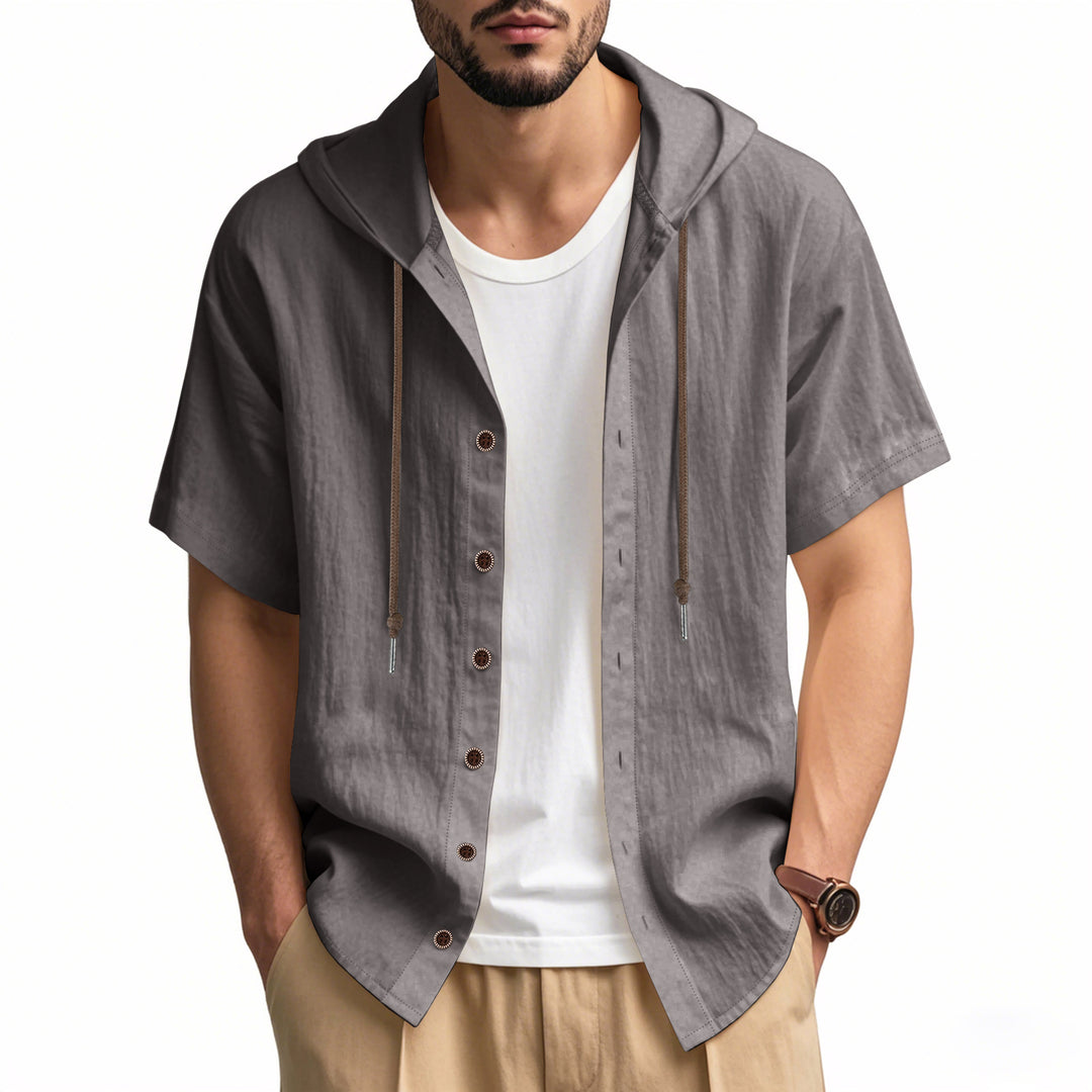 Men's breathable short sleeve hoodie made of linen blend with wooden button placket and drawstring StylebySassy