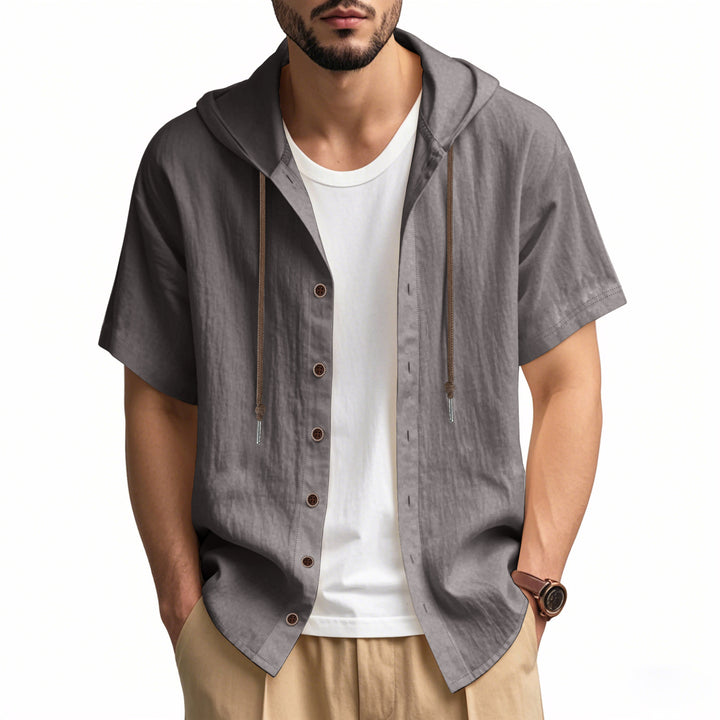 Men's breathable short sleeve hoodie made of linen blend with wooden button placket and drawstring StylebySassy