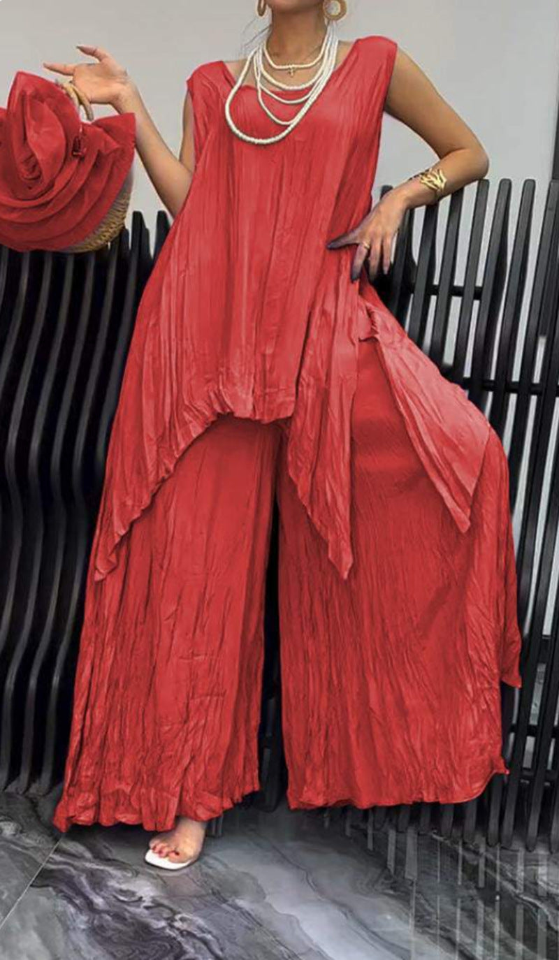 Women two-piece set in airy crinkle look with sleeveless tunic and wide palazzo pants StylebySassy
