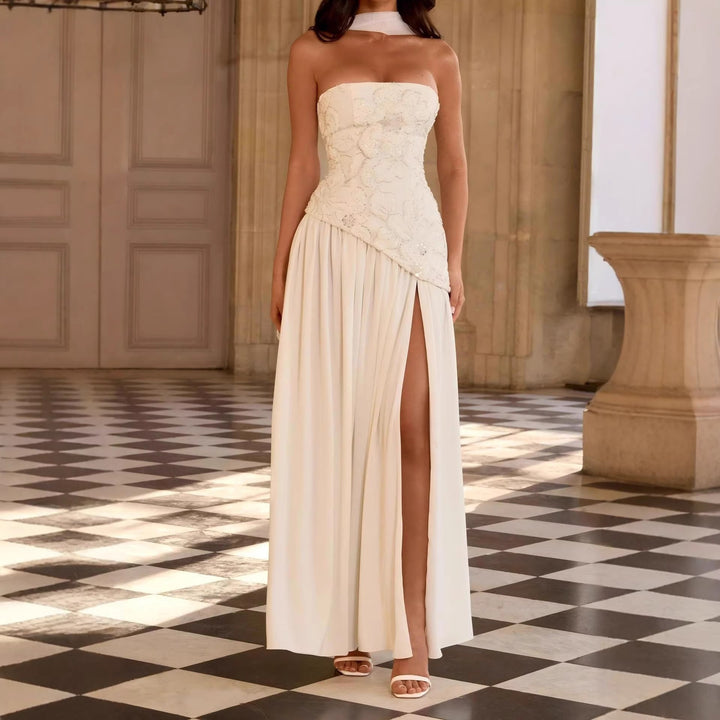 Ladies Strapless Evening Dress with Side Slit and Floral Appliqués StylebySassy