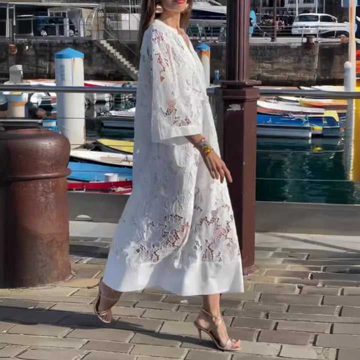 Women's airy lace maxi dress with floral openwork embroidery, loose kimono sleeve cut, and lightweight underdress StylebySassy