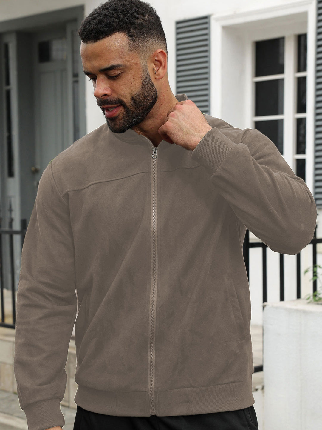 Men's subtle velour bomber jacket with stand-up collar, full zip and ribbed cuffs StylebySassy