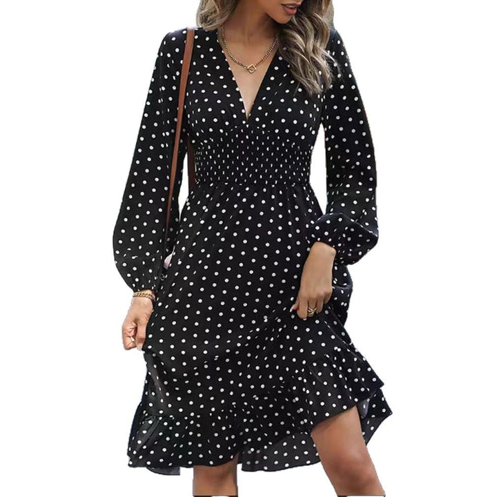 Ladies' dotted A-line midi dress with V-neck, smocked waist and two-tiered ruffle StylebySassy