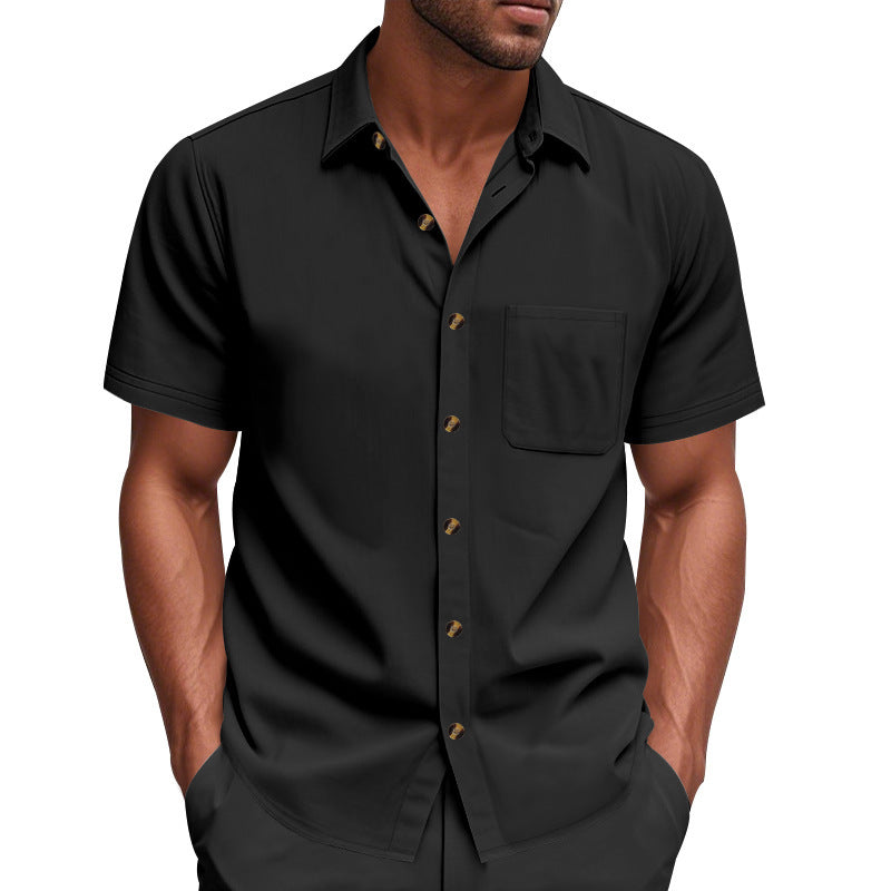 Men's short-sleeve resort shirt made of linen blend with chest pocket and drawstring Bermuda StylebySassy