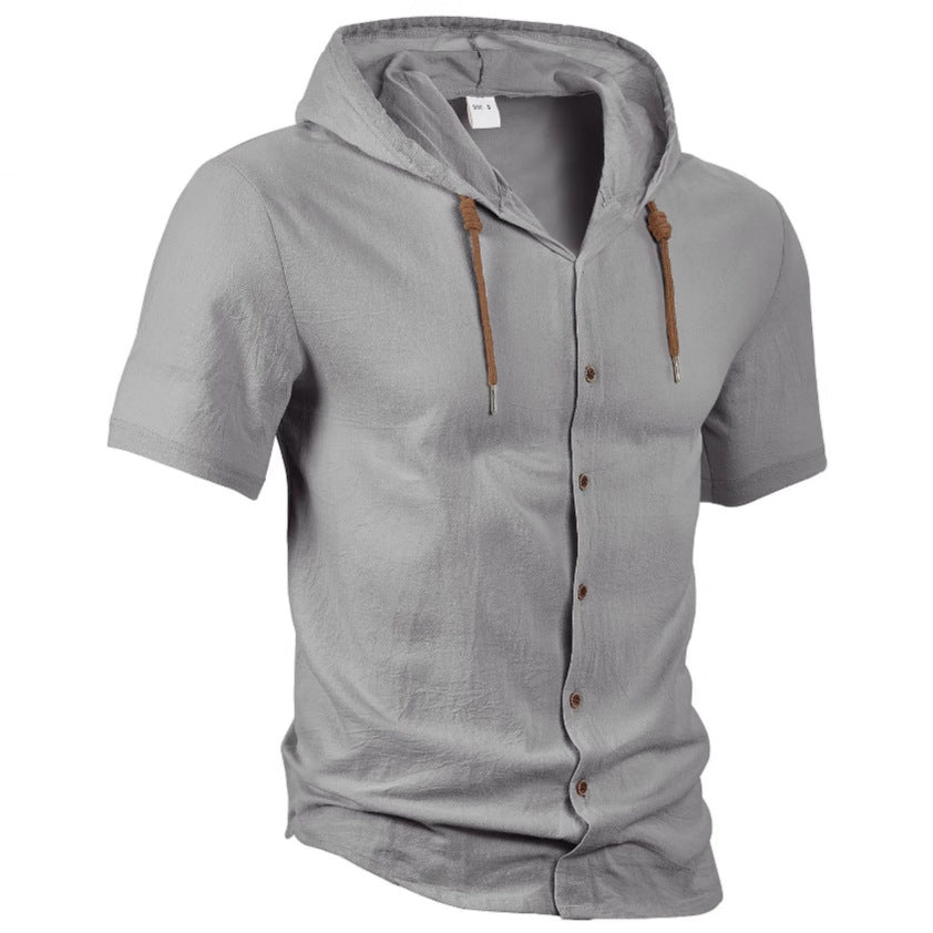 Men's short-sleeved hooded shirt with button placket, drawstring and linen look StylebySassy