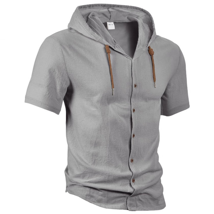 Men's short-sleeved hooded shirt with button placket, drawstring and linen look StylebySassy