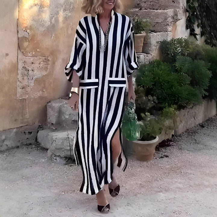 Women casual long shirt dress with vertical stripe pattern, V-neck, patch pockets, and high side slit StylebySassy