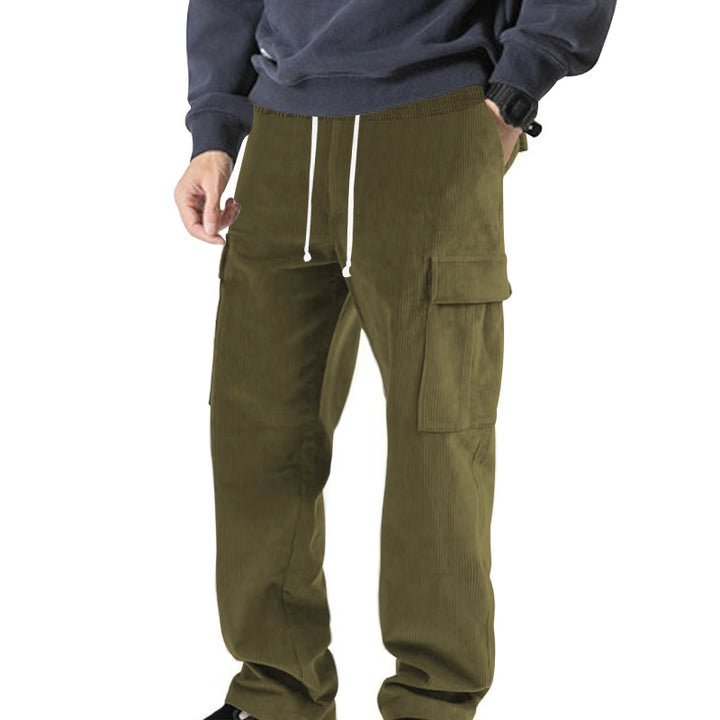 Men's ribbed comfortable cargo pants with elastic drawstring waistband and low-set flap pockets StylebySassy