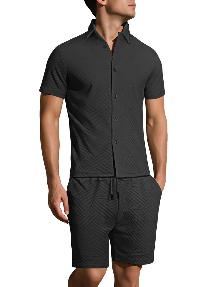 Men's lightweight short-sleeve shirt and Bermuda two-piece set with embossed woven texture and drawstring waistband StylebySassy