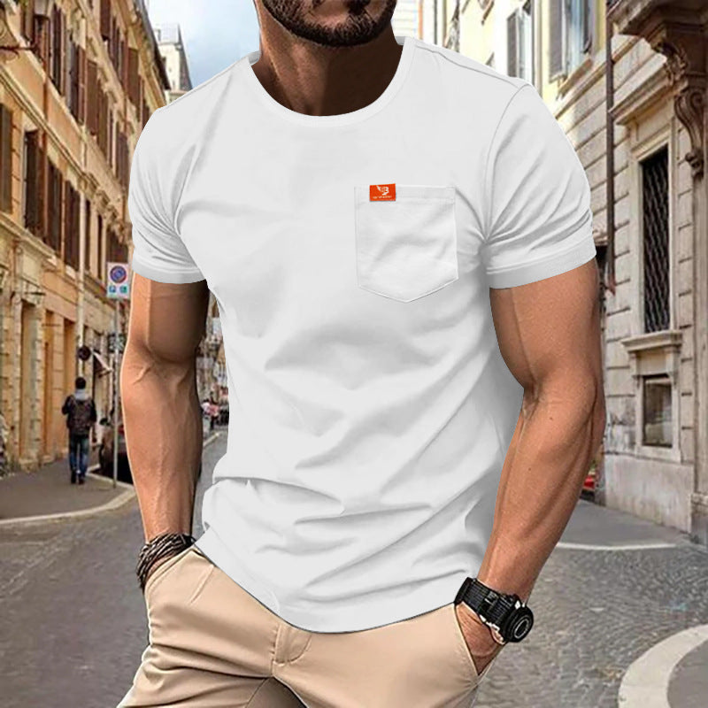 Men's single jersey short-sleeve shirt with patch chest pocket, reinforced seams, and round neckline StylebySassy
