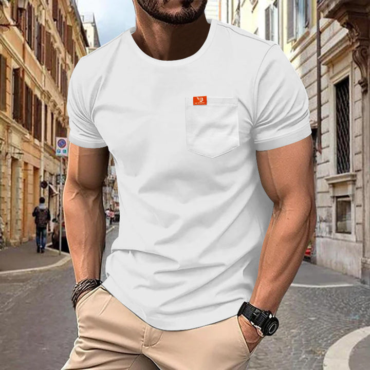 Men's single jersey short-sleeve shirt with patch chest pocket, reinforced seams, and round neckline StylebySassy