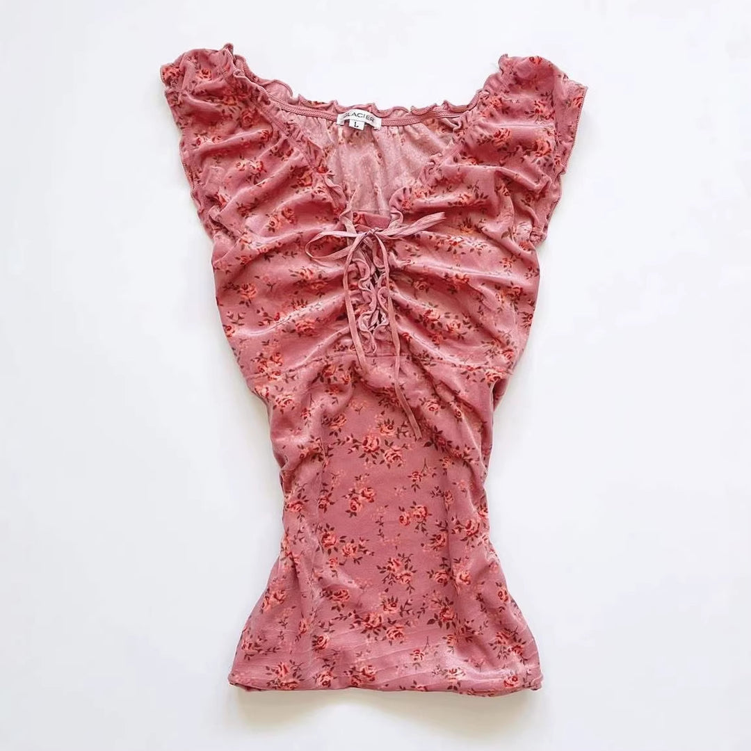 Women's lace top with gathering and floral pattern StylebySassy