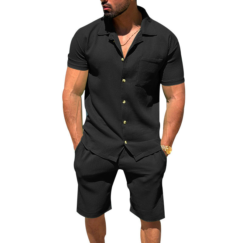 Men's casual two-piece leisure set made of ribbed jersey with shirt collar button placket and shorts StylebySassy
