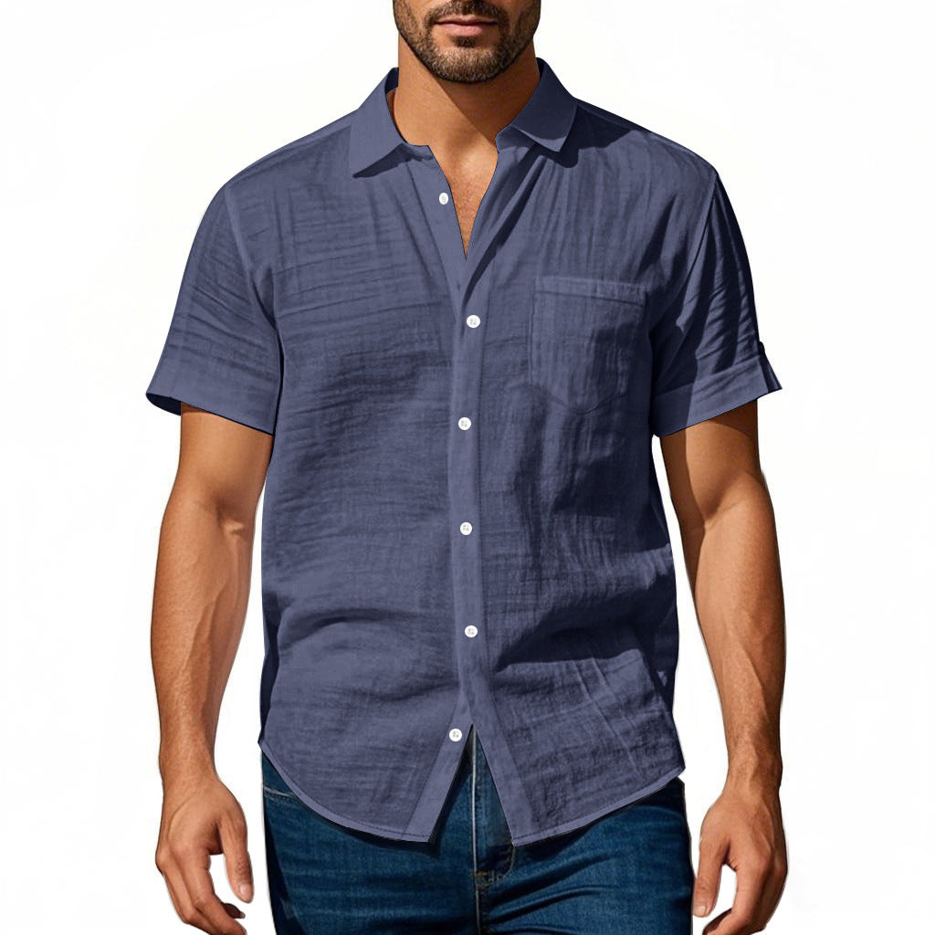 Men's short-sleeved casual shirt made of linen blend with chest pocket and rounded hem StylebySassy
