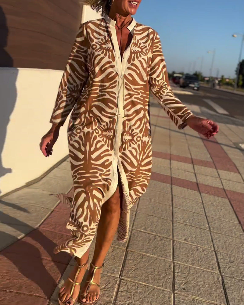 Women's long shirt dress with stand-up collar, concealed button placket and side slit StylebySassy