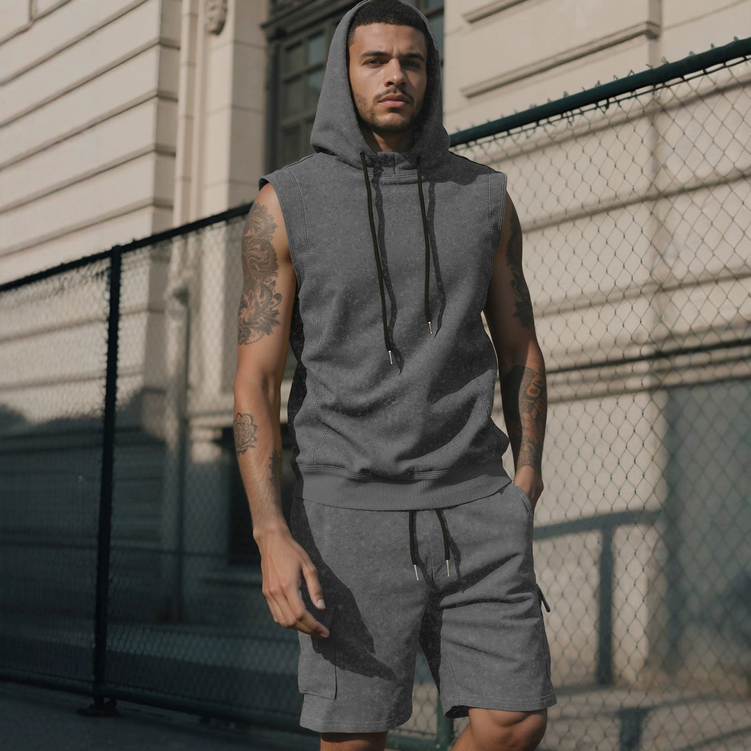 Men's Hooded Muscle Shirt Set with Functional Cargo Bermuda StylebySassy