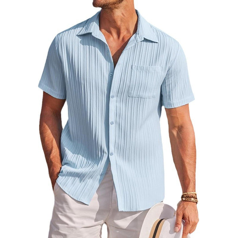 Men's short-sleeved seersucker shirt with chest pocket and fine stripe texture StylebySassy