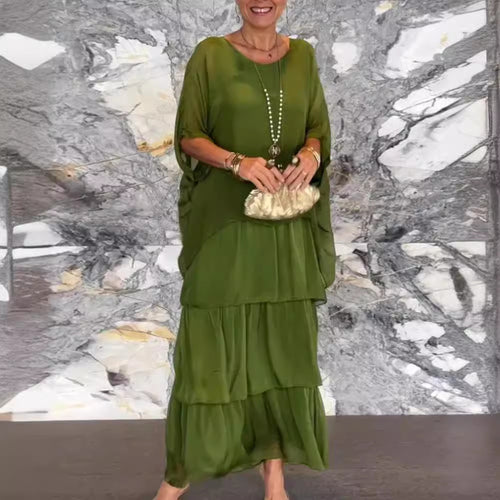 Women's layered tiered maxi dress with wide batwing top and tiered ruffle skirt StylebySassy