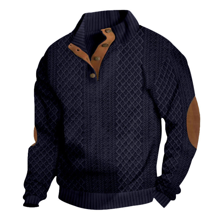 Men's upscale knit sweater with diamond pattern, high ribbed collar, buttoned placket, and leather trim on elbow. StylebySassy