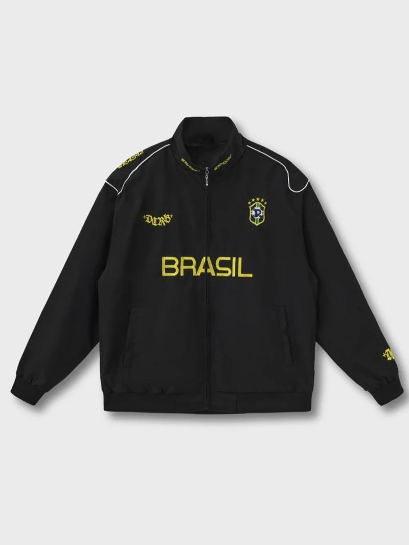 Unisex nan sporty retro training jacket with stand collar zipper chest emblem and Brazil lettering StylebySassy