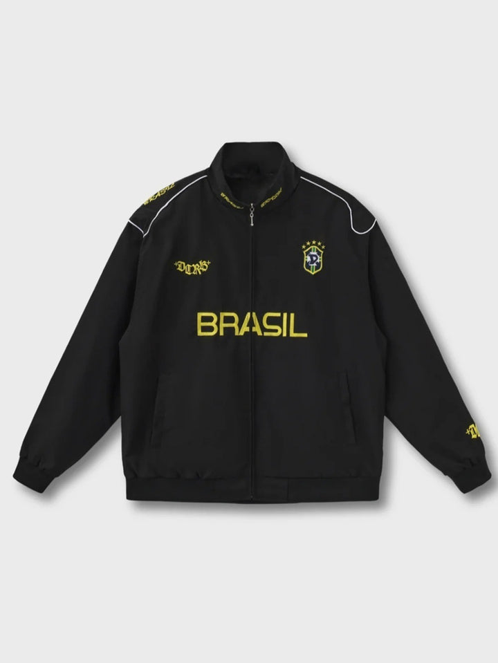 Unisex nan sporty retro training jacket with stand collar zipper chest emblem and Brazil lettering StylebySassy
