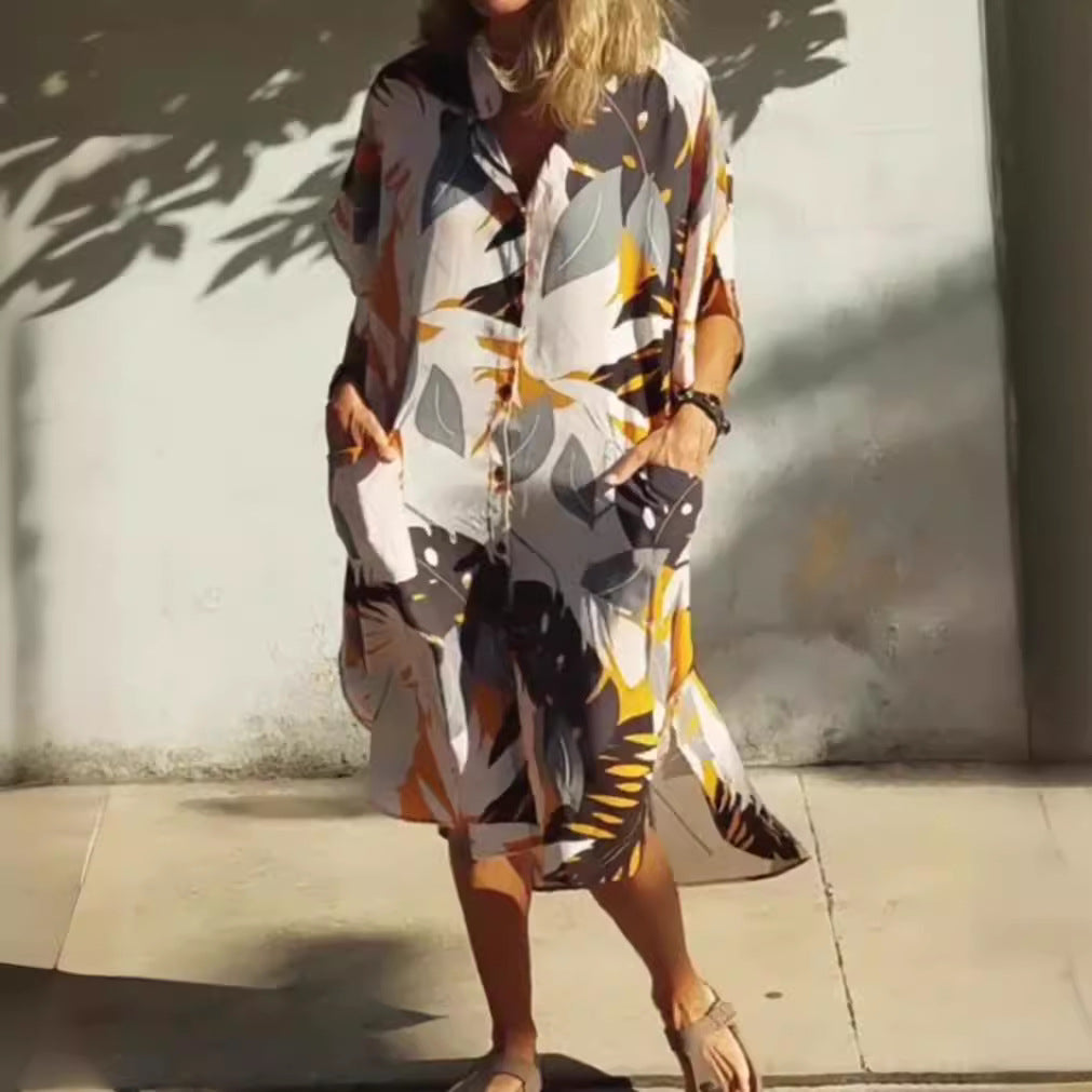 Women's airy-light kaftan shirt dress with dropped shoulder, hidden button placket, and side pockets StylebySassy