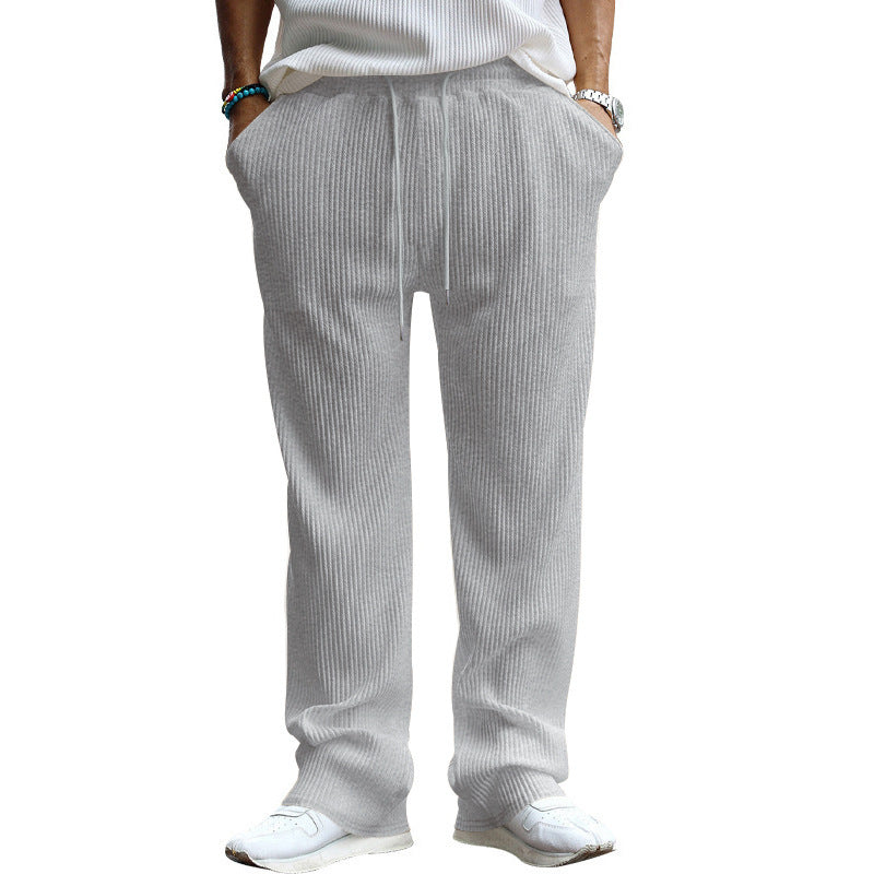 Men's straight cut corduroy velour pants with drawstring waistband, metal drawstring ends, and deep side pockets StylebySassy