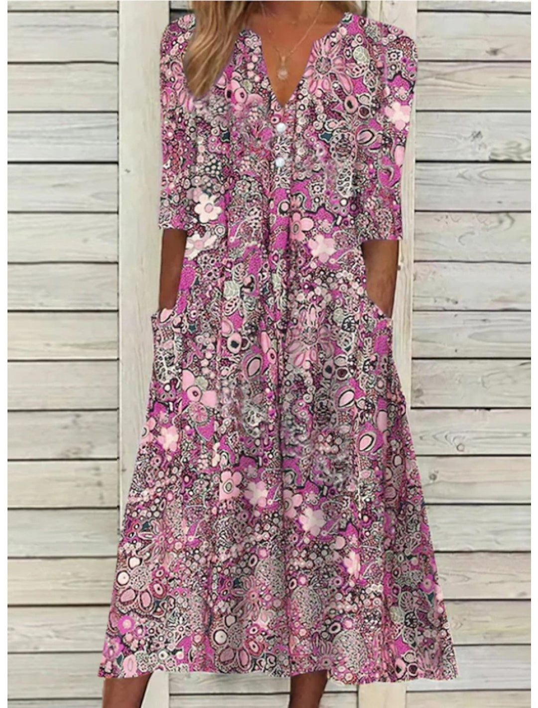 Women's Floral Midi Dress with V-Neck and 3/4 Sleeves
