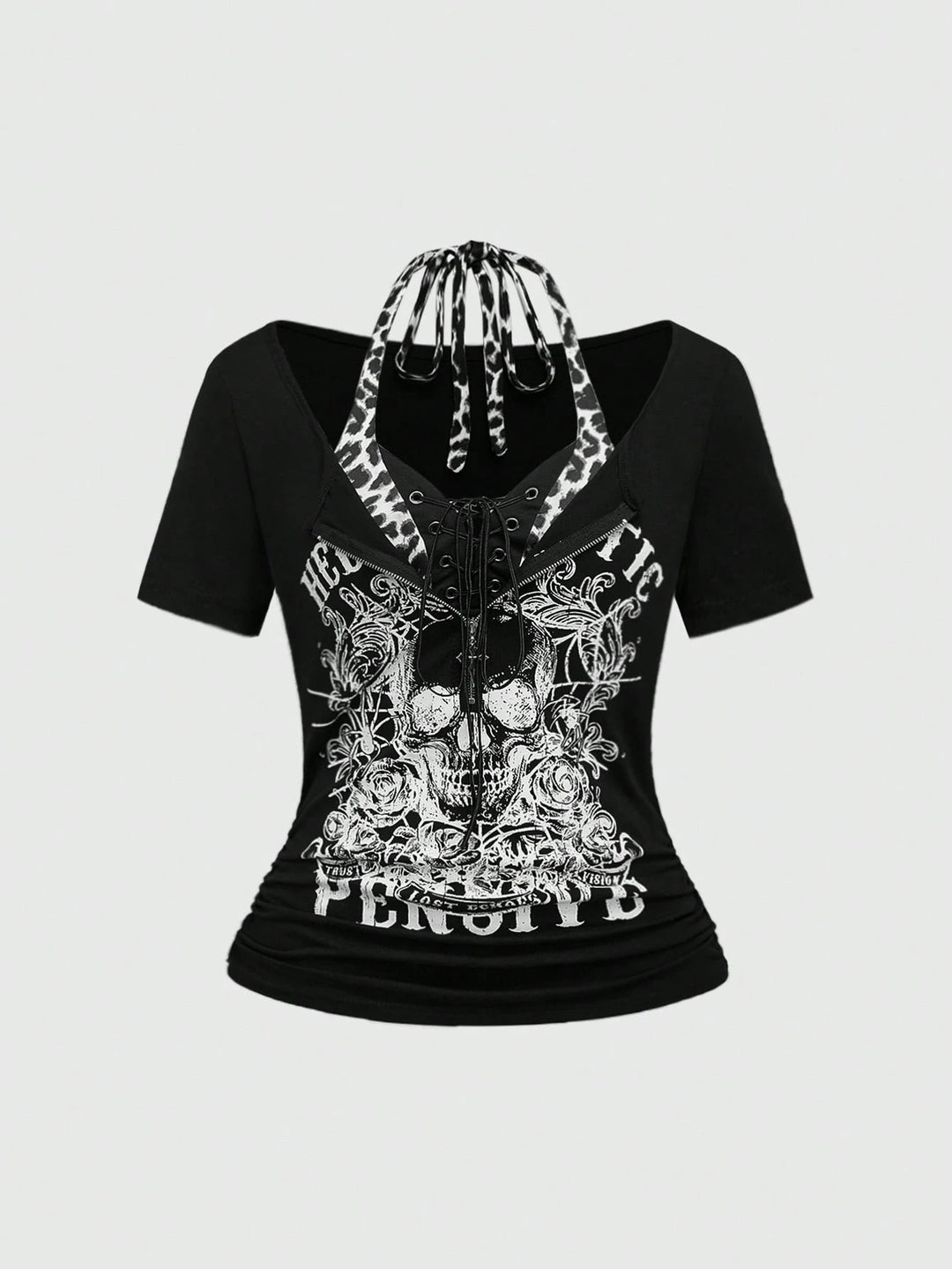 Women's Trendy Crop Top with Unique Graphic Print and Lace-Up Details StylebySassy