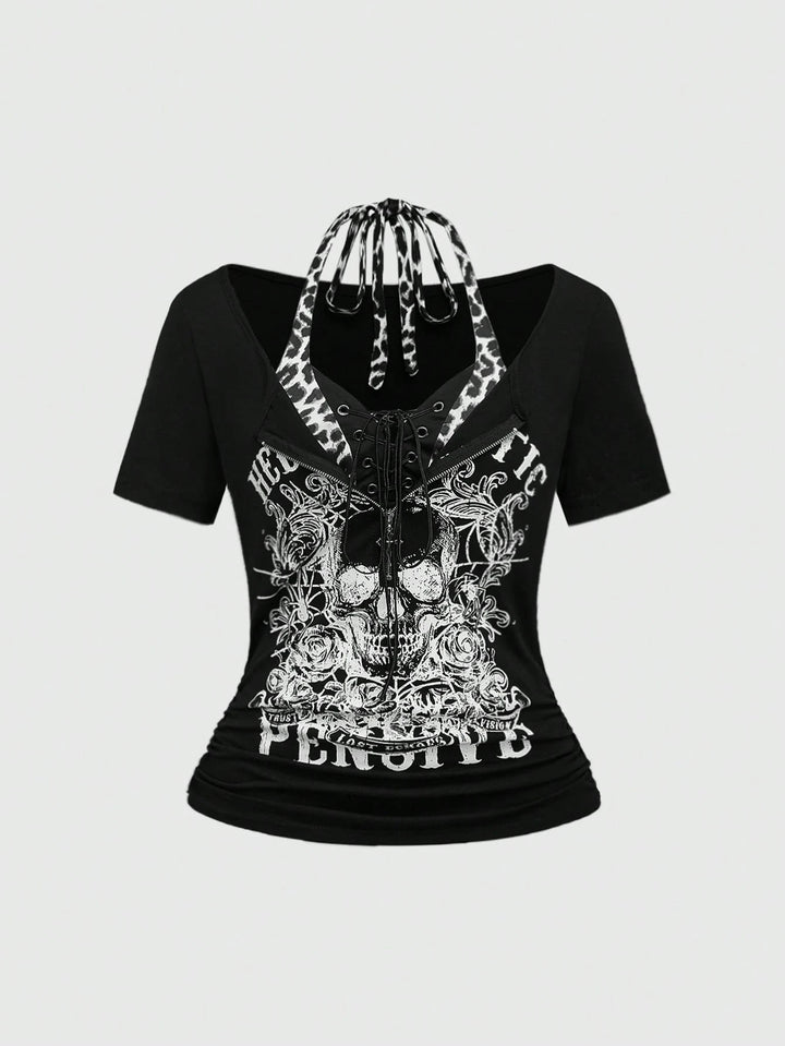 Women's Trendy Crop Top with Unique Graphic Print and Lace-Up Details StylebySassy