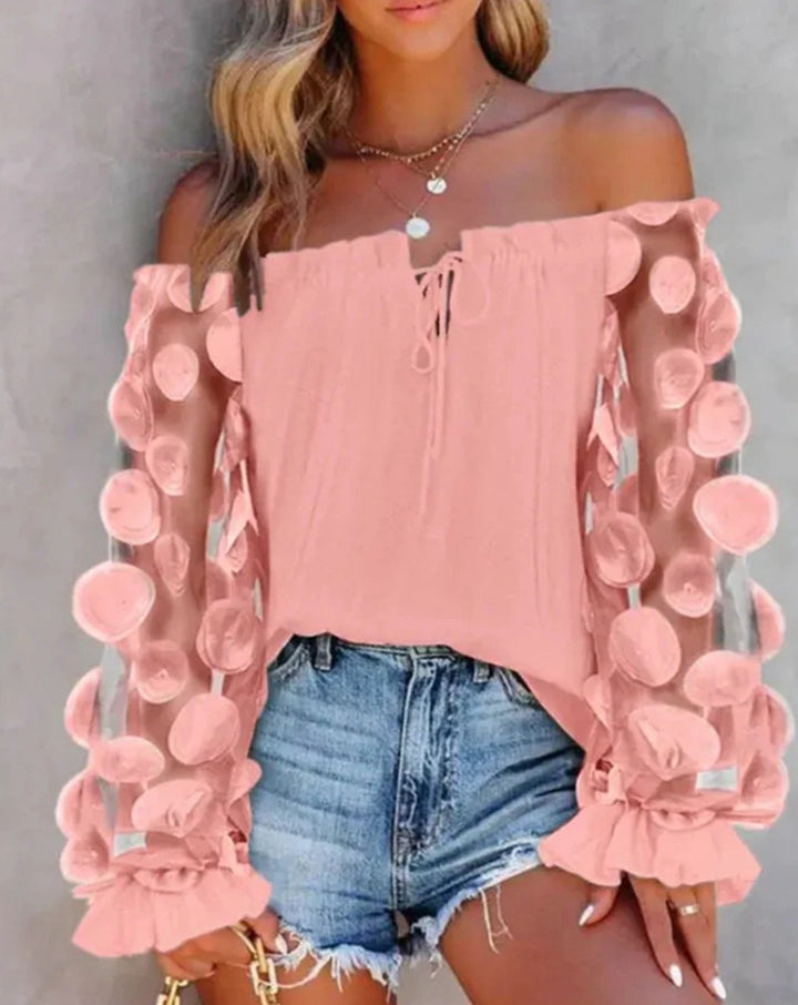 Women off-shoulder Carmen top with transparent organza sleeves, circular appliqués and ruffle cuffs StylebySassy