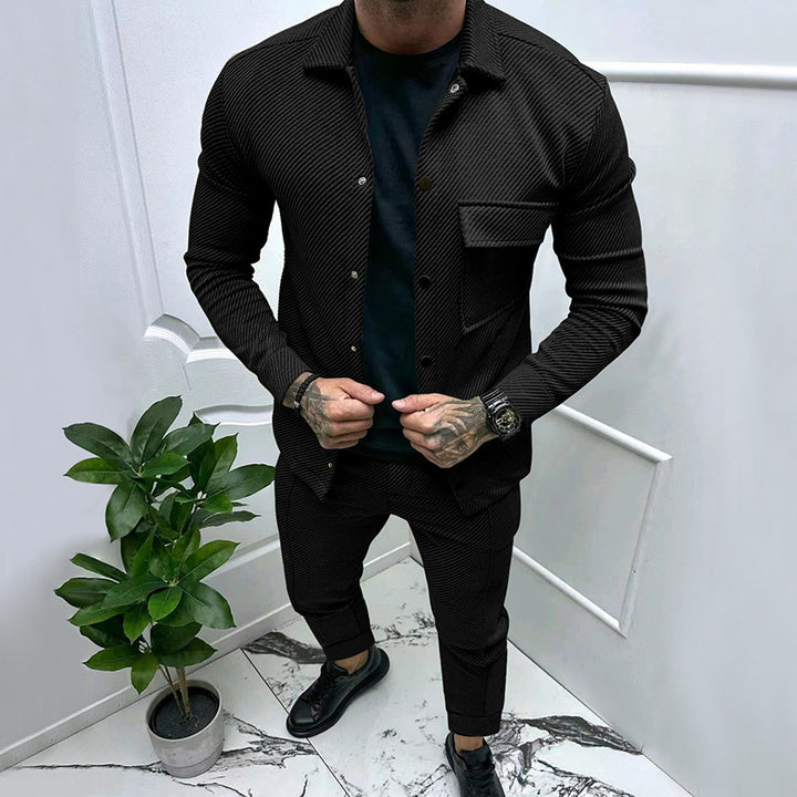 Men's finely structured shirt jacket and sweatpants set with a slim fit StylebySassy