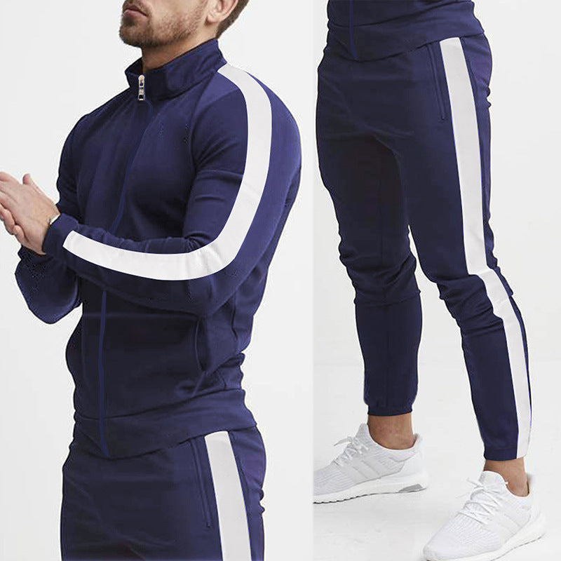 Men's fitted sports outfit with stand-up collar, full-length zip and tapered sports pants with side stripes StylebySassy