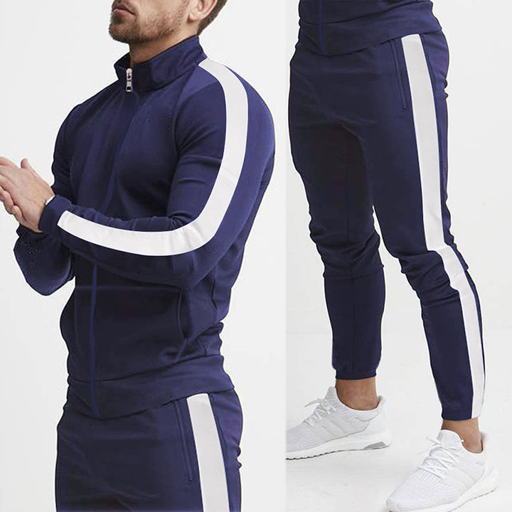 Men's fitted sports outfit with stand-up collar, full-length zip and tapered sports pants with side stripes StylebySassy