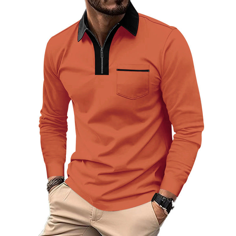 Men's elegant long-sleeve polo shirt with distinctive stand-up collar metal short zip and chest pocket StylebySassy