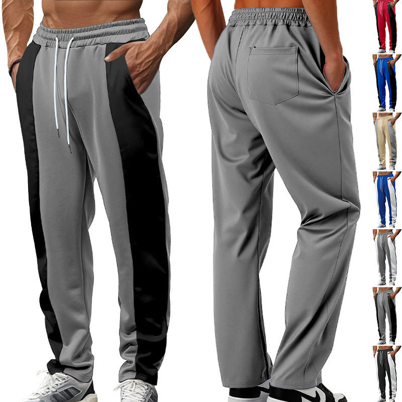 Men's sporty track pants with side contrast stripes, elastic waistband, drawstring, and deer embroidery StylebySassy