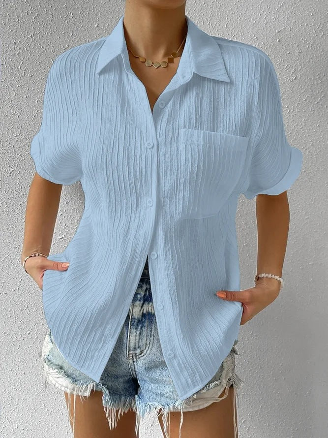 Women's crinkle effect shirt blouse with breast pocket, rolled sleeves and loose fit StylebySassy