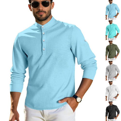 Men's structured long-sleeve henley with Nehru collar and tone-on-tone button placket StylebySassy
