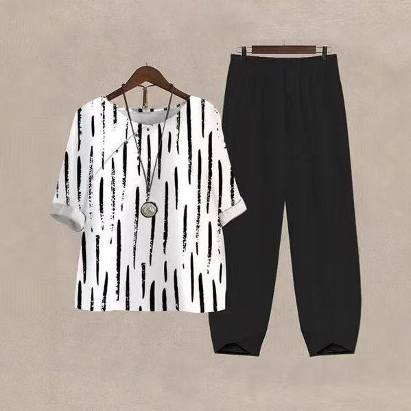 Women's oversized shirt with brushstroke pattern, dropped shoulder and elastic comfort pants with drawstring StylebySassy