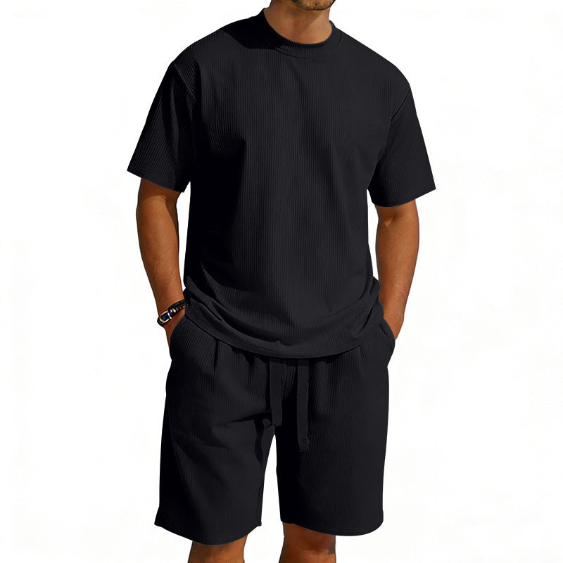 Men's short-sleeve shirt and Bermuda combination made of ribbed jersey with elastic drawstring waistband StylebySassy