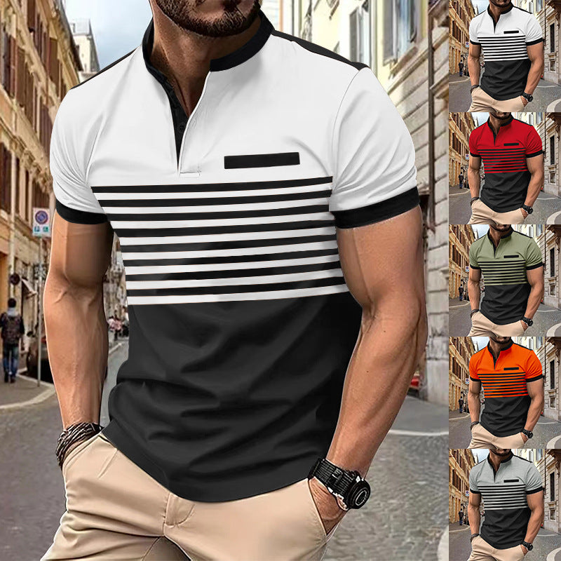 Men's short-sleeved striped short-sleeve shirt with button placket, stand-up collar and chest piping StylebySassy