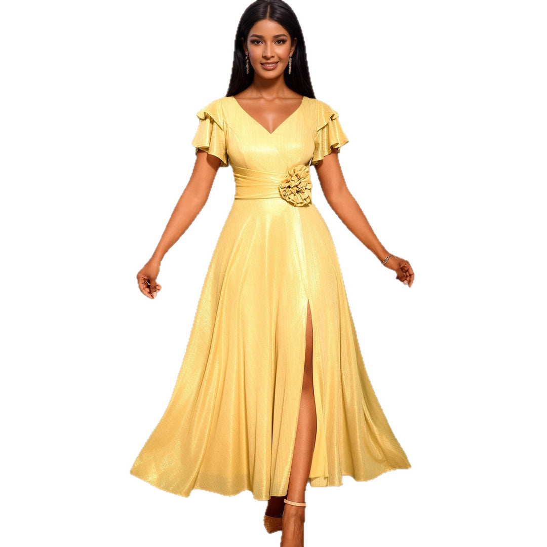 Ladies Elegant Maxi Dress with Lavish Ruffle and Floral Accent StylebySassy