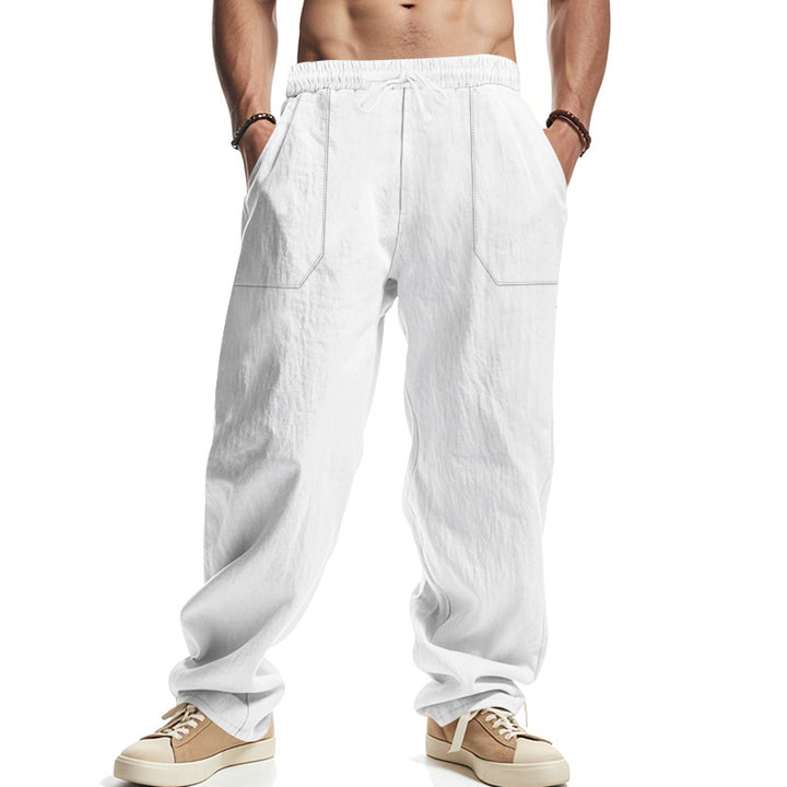 Men's casual linen trousers with elastic waistband, drawstring, and large side pockets StylebySassy