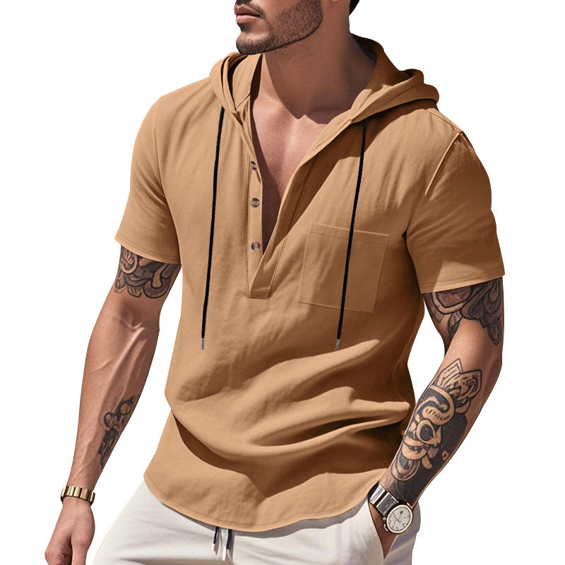 Men's lightweight short-sleeve hooded Henley made of single jersey with chest pocket and contrast drawstring StylebySassy
