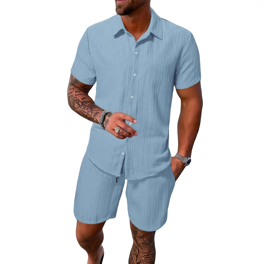 Men's lightweight short-sleeve shirt with open collar and matching casual shorts made of textured cotton blend StylebySassy
