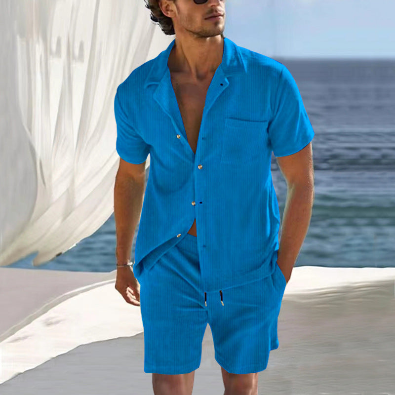 Men's Nano Lightweight Linen Resort Set with Short Sleeve Cuban Collar Shirt and Drawstring Bermuda StylebySassy